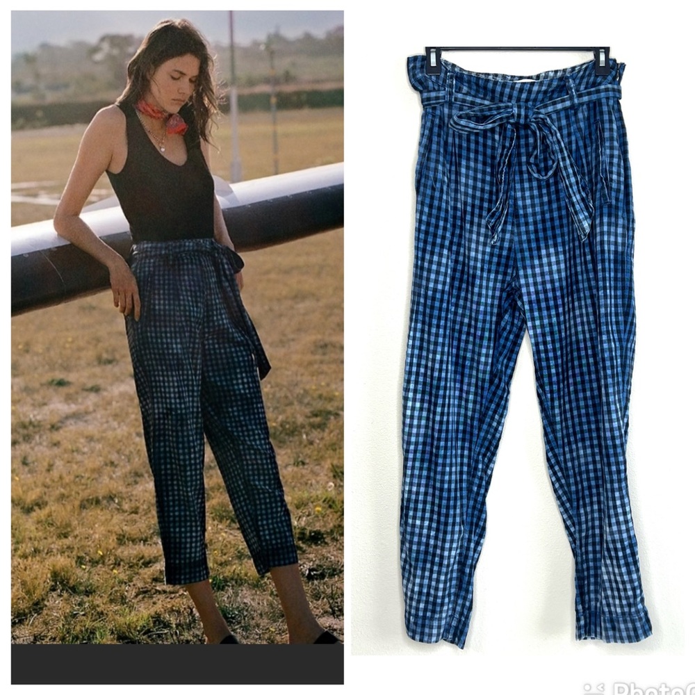 Anthropologie Maeve Blue Plaid Tie Waist Pants size 6